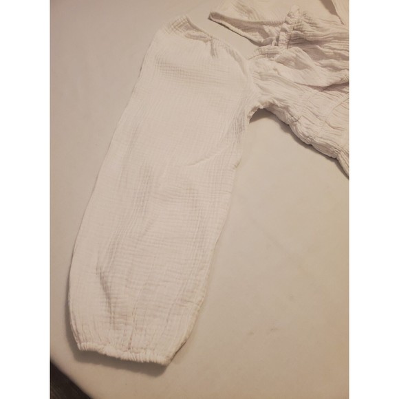 Slub Cotton White Cropped Peasant Top Balloon Sleeve Sz L - Picture 4 of 6